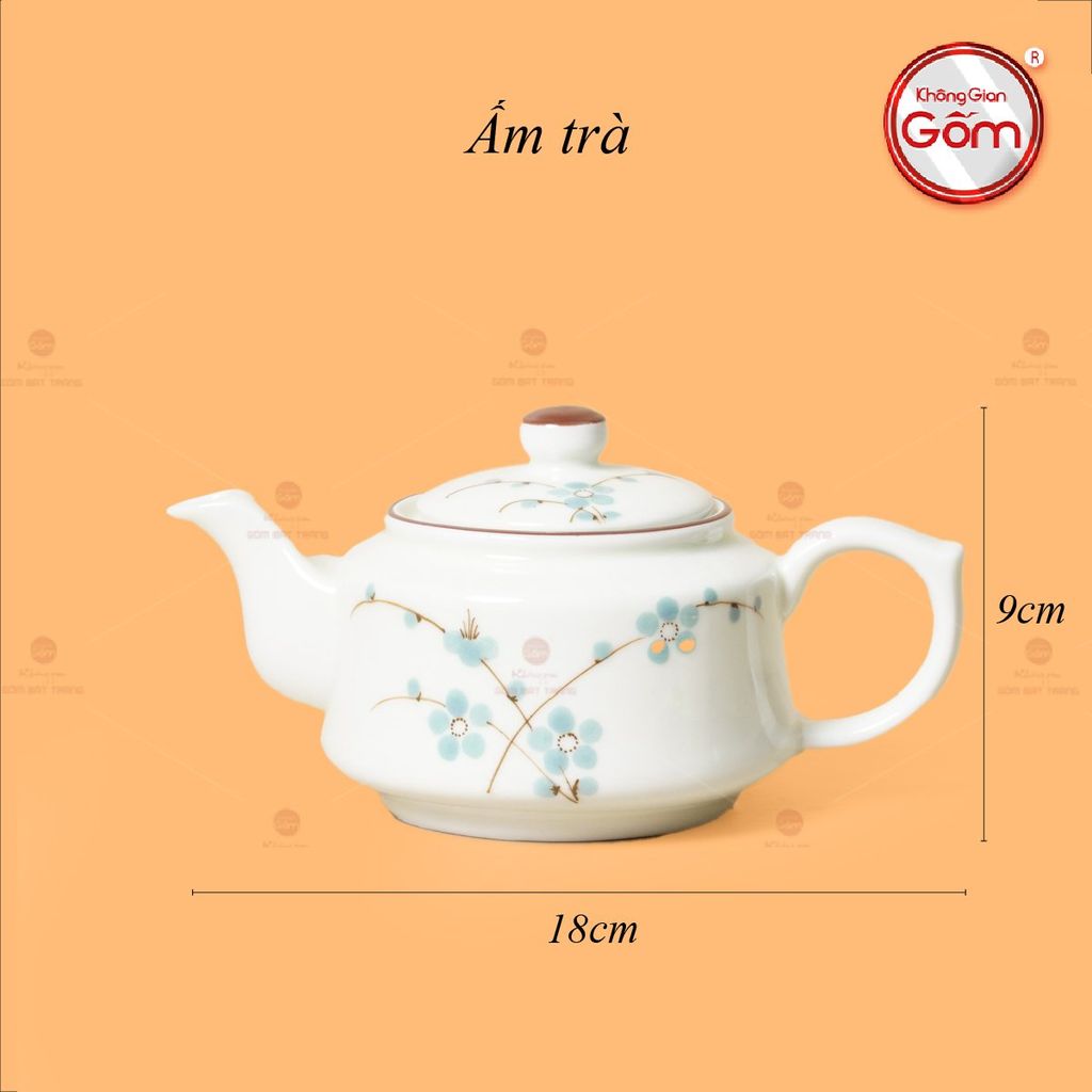 Bộ Ấm Chén Vai Vuông Men Kem Vẽ Đào Xanh