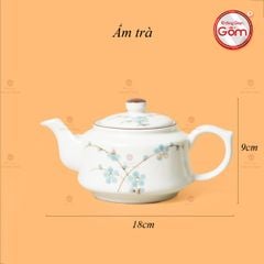 Bộ Ấm Chén Vai Vuông Men Kem Vẽ Đào Xanh