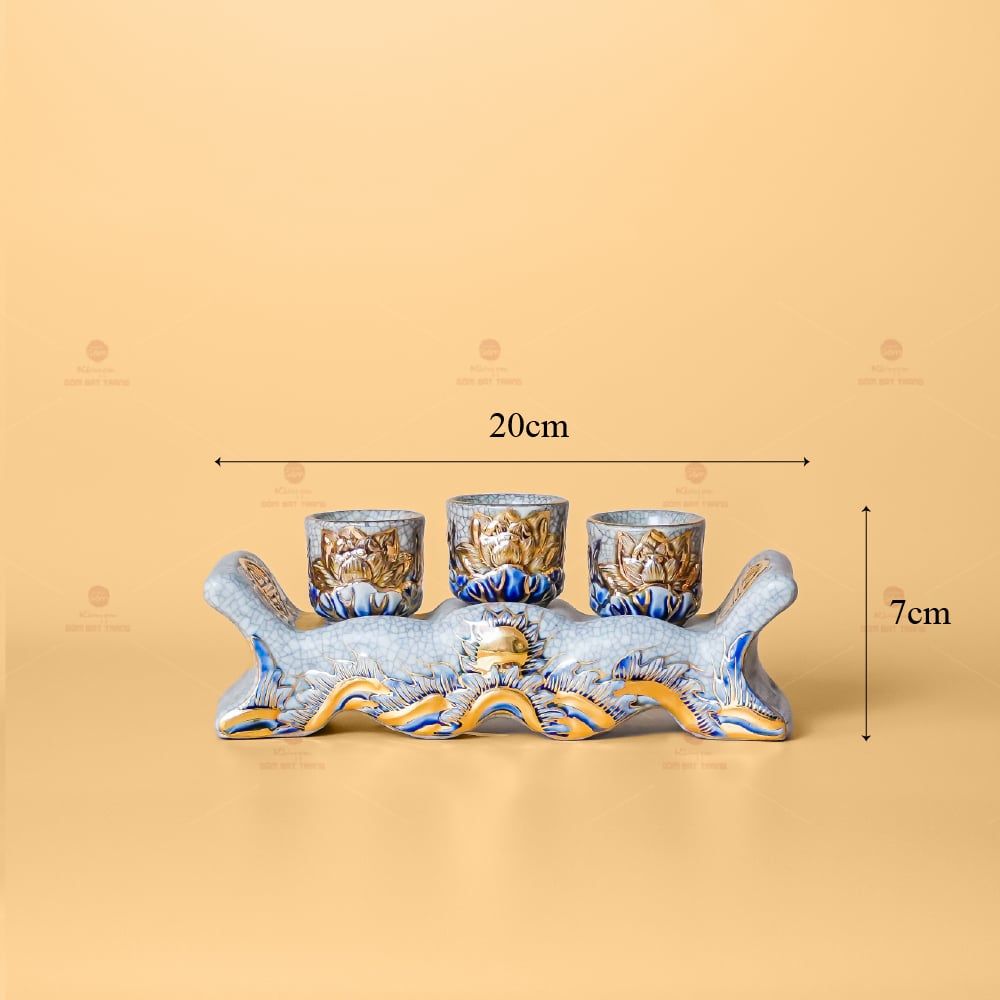Bộ Kỷ Ngai 3 Chén Thờ Men Rạn Vẽ Vàng