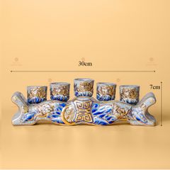 Bộ Kỷ Ngai 5 Chén Thờ Men Rạn Vẽ Vàng Họa Tiết Cuốn Thư