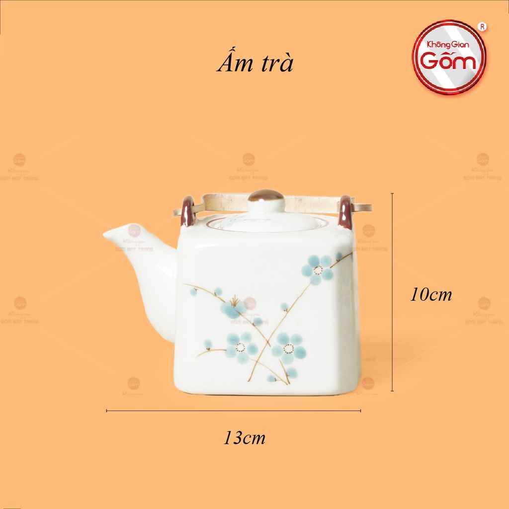 Bộ Ấm Chén Vuông Quai Đồng Vẽ Đào Xanh