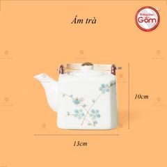 Bộ Ấm Chén Vuông Quai Đồng Vẽ Đào Xanh