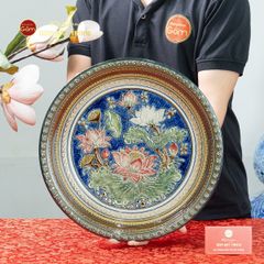 Đĩa Trưng Bày Đắp Nổi Vẽ Màu Hoa Sen Nở