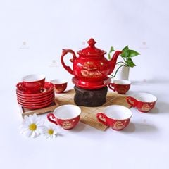 Bộ trà Đài Các men đỏ Thuận buồm kẻ chỉ vàng