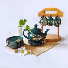 Bộ trà Đài Các men xanh ngọc sen vàng kẻ chỉ vàng - Mẫu 03
