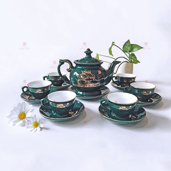 Bộ trà Đài Các men xanh ngọc Thuận buồm kẻ chỉ vàng
