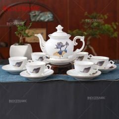 Bộ trà Đài Các sen xanh cobalt kẻ chỉ vàng