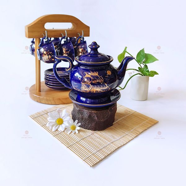 Bộ trà Đài Các men tím than Thuận buồm kẻ chỉ vàng