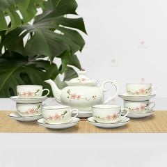 Bộ trà Đài Các men ngà hoa đào hồng vẽ tay