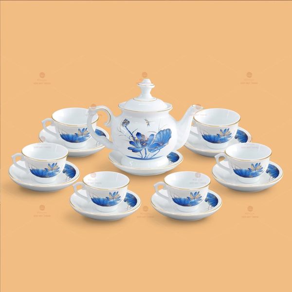 Bộ trà Đài Các sen chuồn xanh chỉ vàng