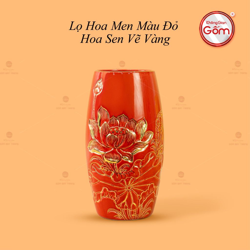 Lọ Hoa Men Màu Hoa Sen Vẽ Vàng
