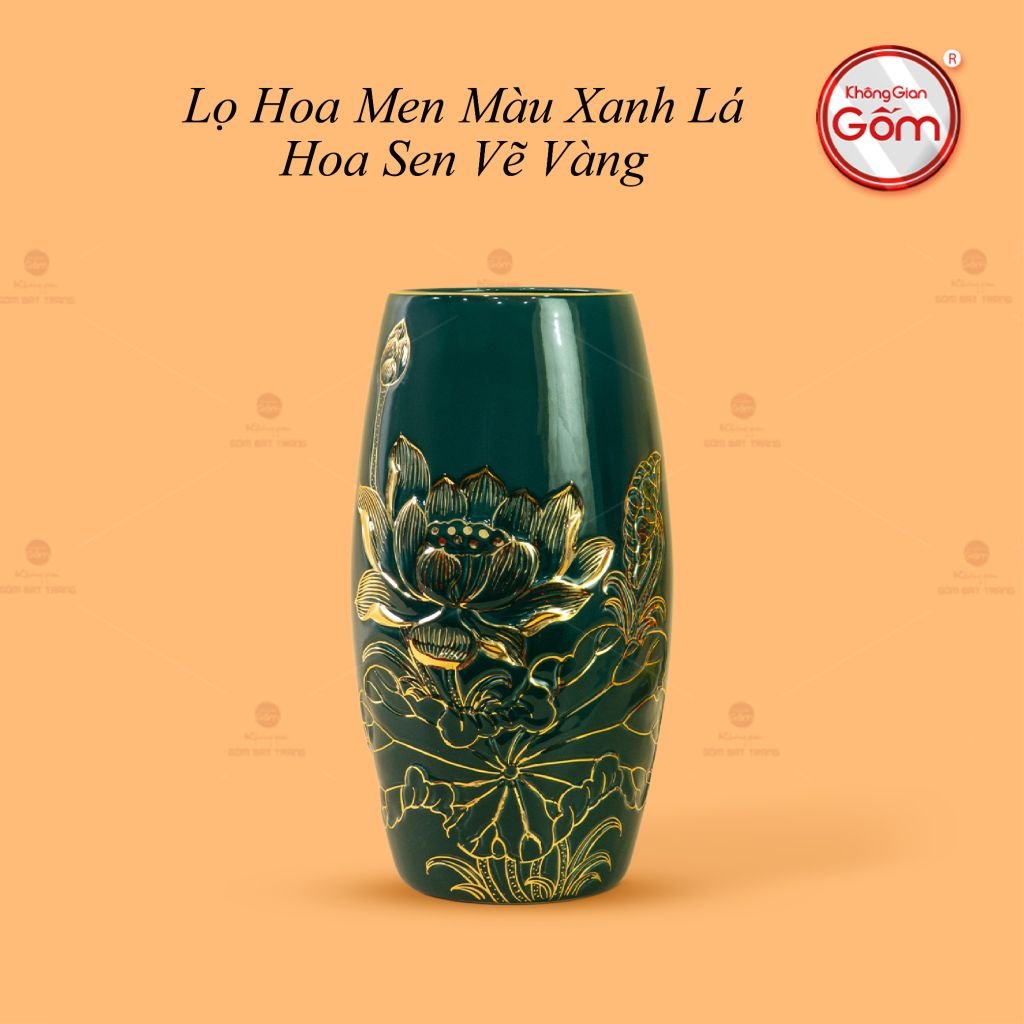 Lọ Hoa Men Màu Hoa Sen Vẽ Vàng