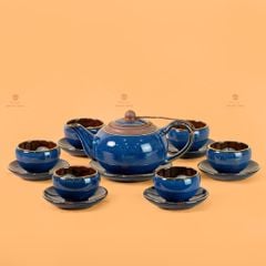 Bộ Ấm Chén Tròn Hỏa Biến Xanh Dương Kẻ Vàng