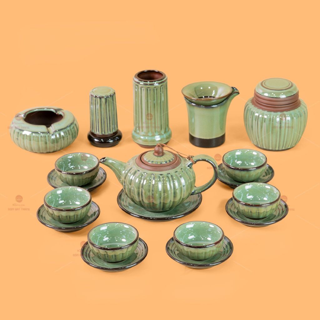Bộ Ấm Chén Tròn Múi Xanh Ngọc