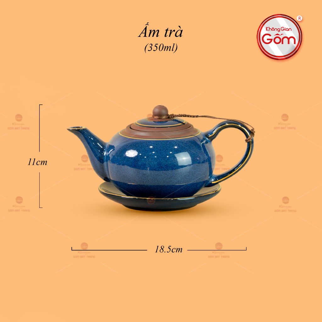 Bộ Ấm Chén Tròn Hỏa Biến Xanh Dương Kẻ Vàng