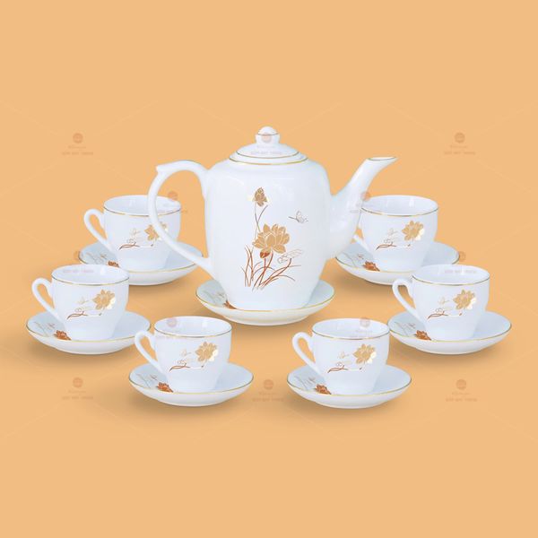 Bộ trà dáng trống sen vàng chỉ vàng