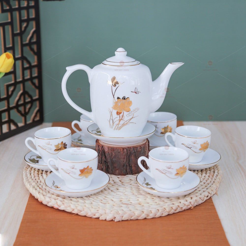 Bộ trà dáng trống sen vàng chỉ vàng