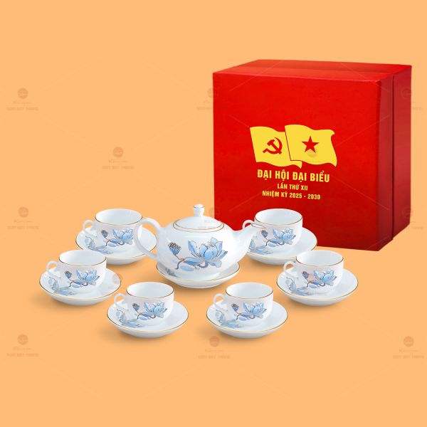 Bộ Ấm Chén Trà Minh Nguyệt Sen Xanh Kẻ Vàng