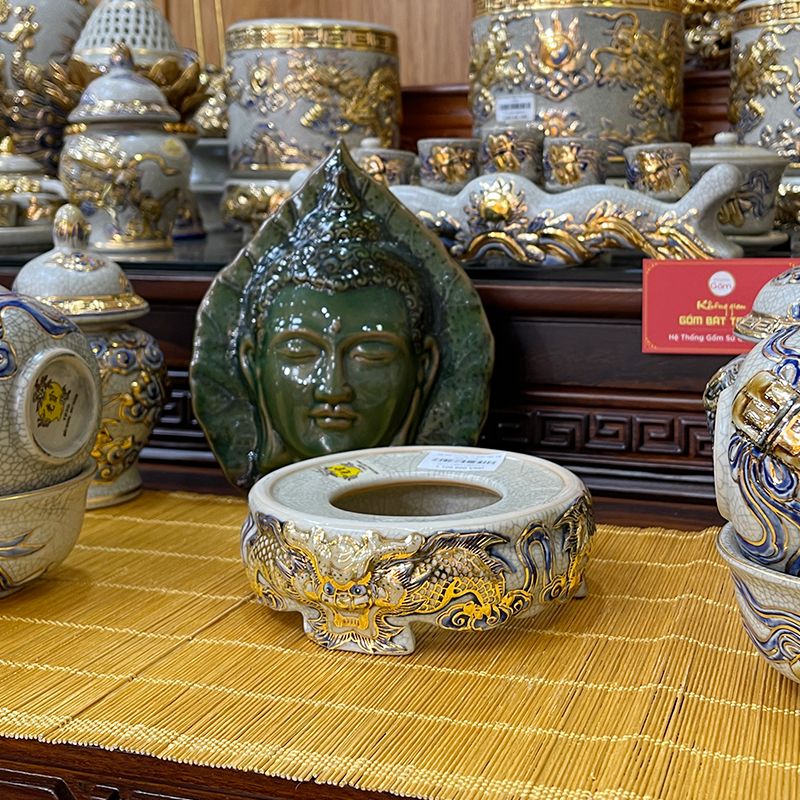 Đế Bát Hương Men Rạn Vẽ Vàng Họa Tiết Kim Long Đẳng Vân