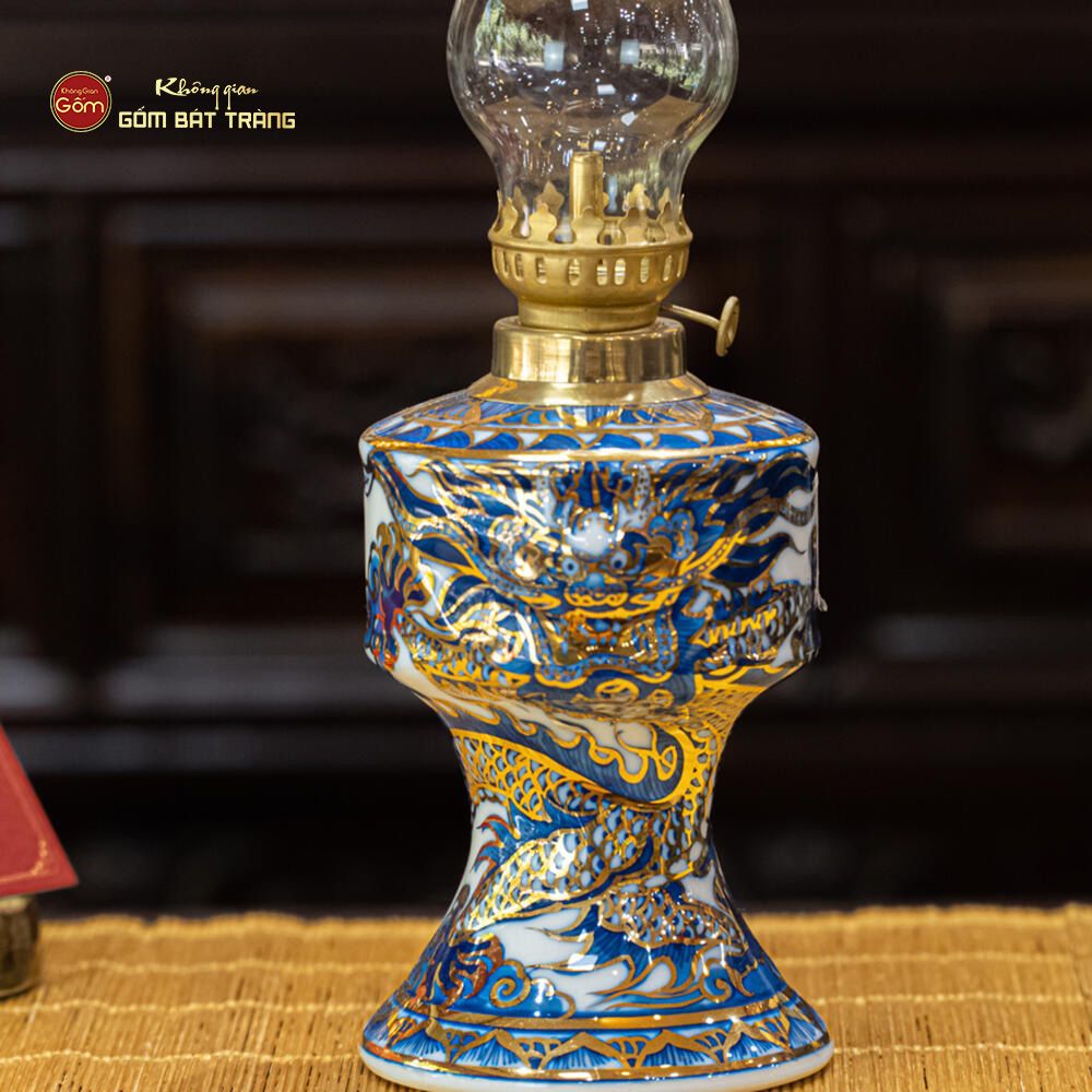 Đèn Dầu Thờ Độc Long Men Lam Nổi Vẽ Vàng Kim