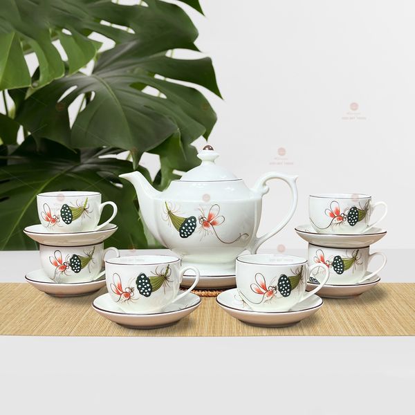 Bộ trà Đèn thần men ngà Chuồn chuồn ớt vẽ tay
