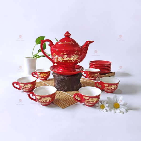 Bộ trà Đèn Thần men đỏ Hào gia phú quý kẻ chỉ vàng