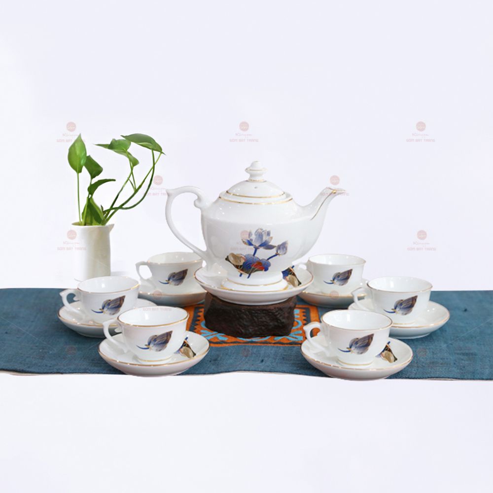 Bộ trà Thần đèn sen xanh cobalt kẻ chỉ vàng