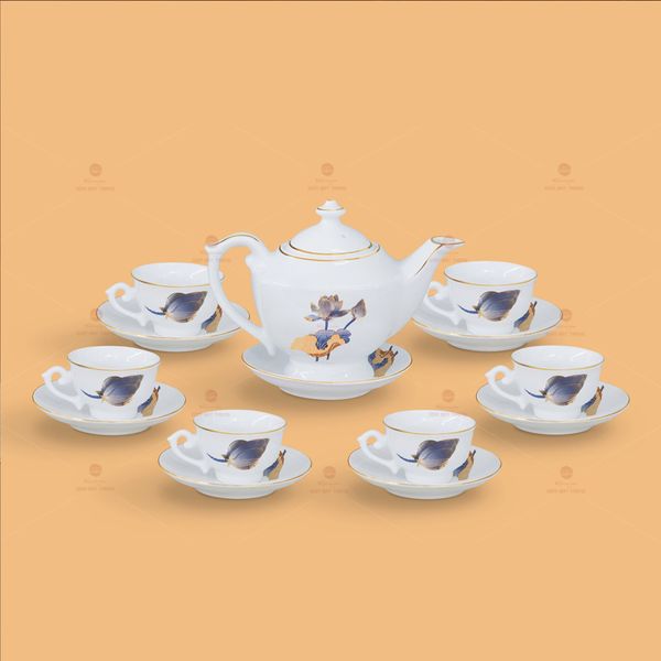 Bộ trà Thần đèn sen xanh cobalt kẻ chỉ vàng