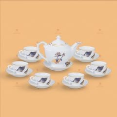 Bộ trà Thần đèn sen xanh cobalt kẻ chỉ vàng
