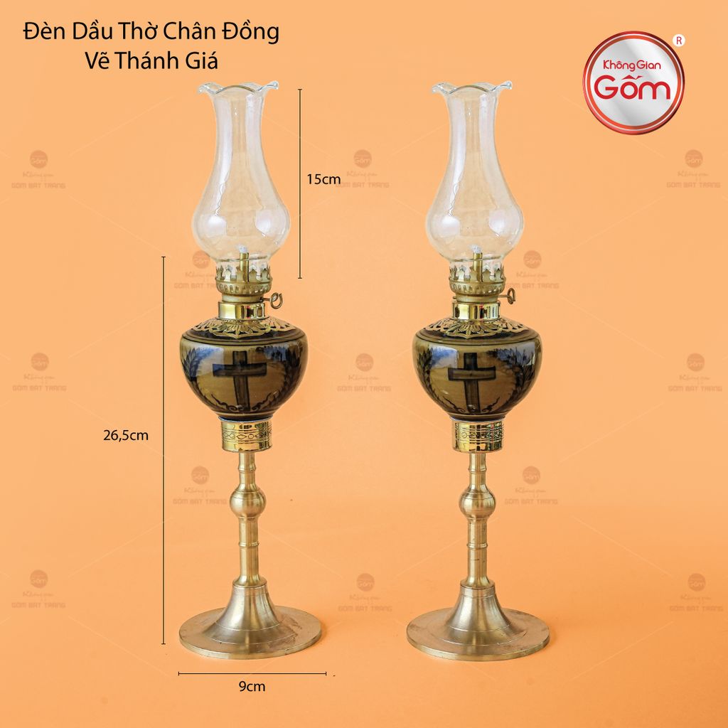 Đèn Dầu Thờ Chân Đồng Vẽ Thánh Giá