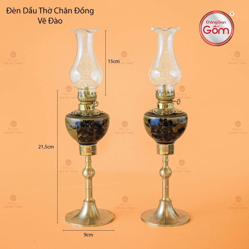 Đèn Dầu Thờ Chân Đồng Vẽ Đào