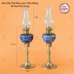 Đèn Dầu Thờ Men Lam Chân Đồng Vẽ Hoa Phù Dung