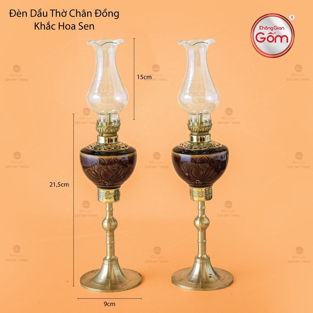 Đèn Dầu Thờ Chân Đồng Vẽ Hoa Sen