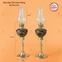 Đèn Dầu Thờ Chân Đồng Vẽ Hoa Cúc