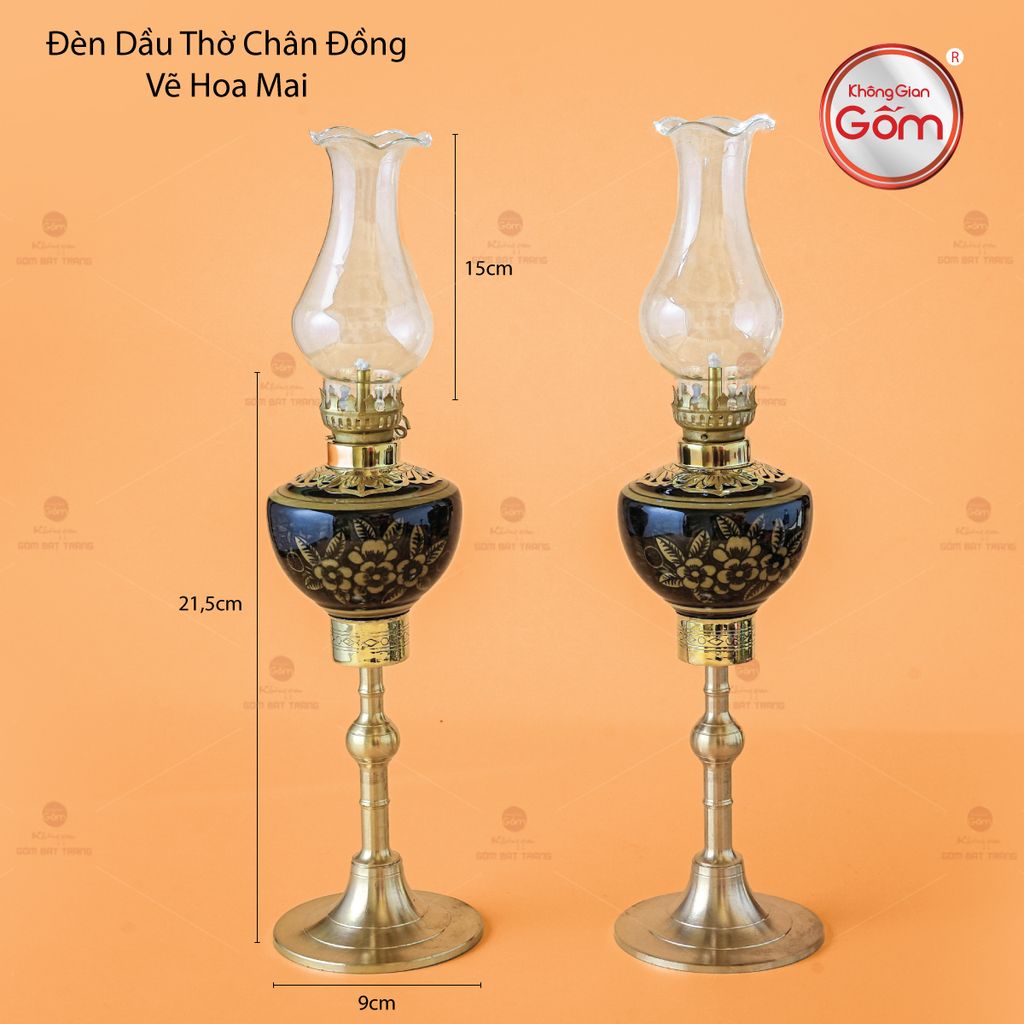Đèn Dầu Thờ Chân Đồng Vẽ Hoa Mai