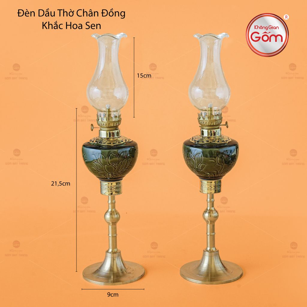 Đèn Dầu Thờ Chân Đồng Khắc Hoa Sen