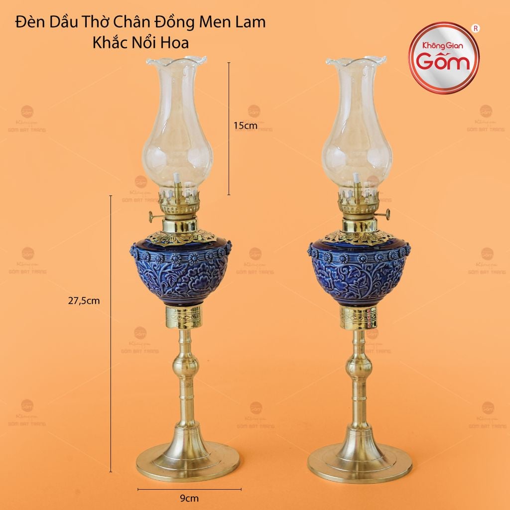 Đèn Dầu Thờ Chân Đồng Men Lam Khắc Nổi Hoa