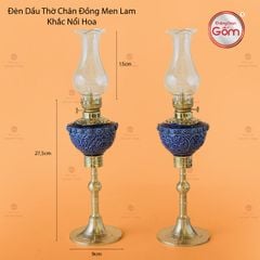Đèn Dầu Thờ Chân Đồng Men Lam Khắc Nổi Hoa