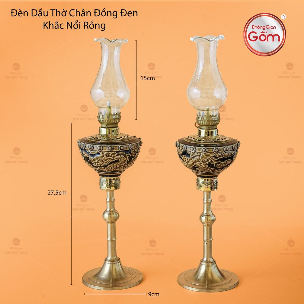 Đèn Dầu Thờ Chân Đồng Đen Khắc Nổi Rồng
