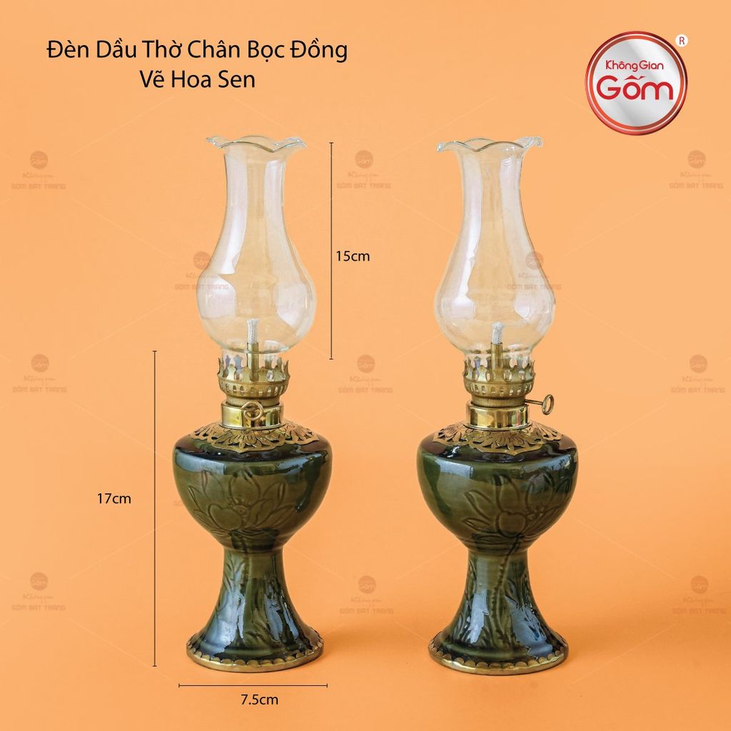 Đèn Dầu Thờ Chân Bọc Đồng Vẽ Hoa Sen