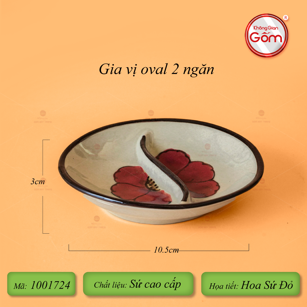 Chén Gia Vị Oval Hai Ngăn Hoa Sứ Đỏ