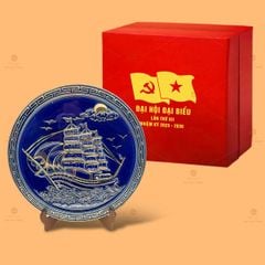 Đĩa Cảnh Thuận Buồm Xuôi Gió Men Lam Kẻ Vàng
