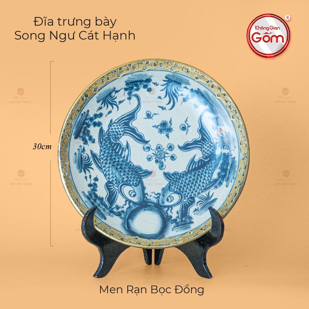 Đĩa Trưng Bày Song Ngư Cát Hạnh Men Rạn Bọc Đồng