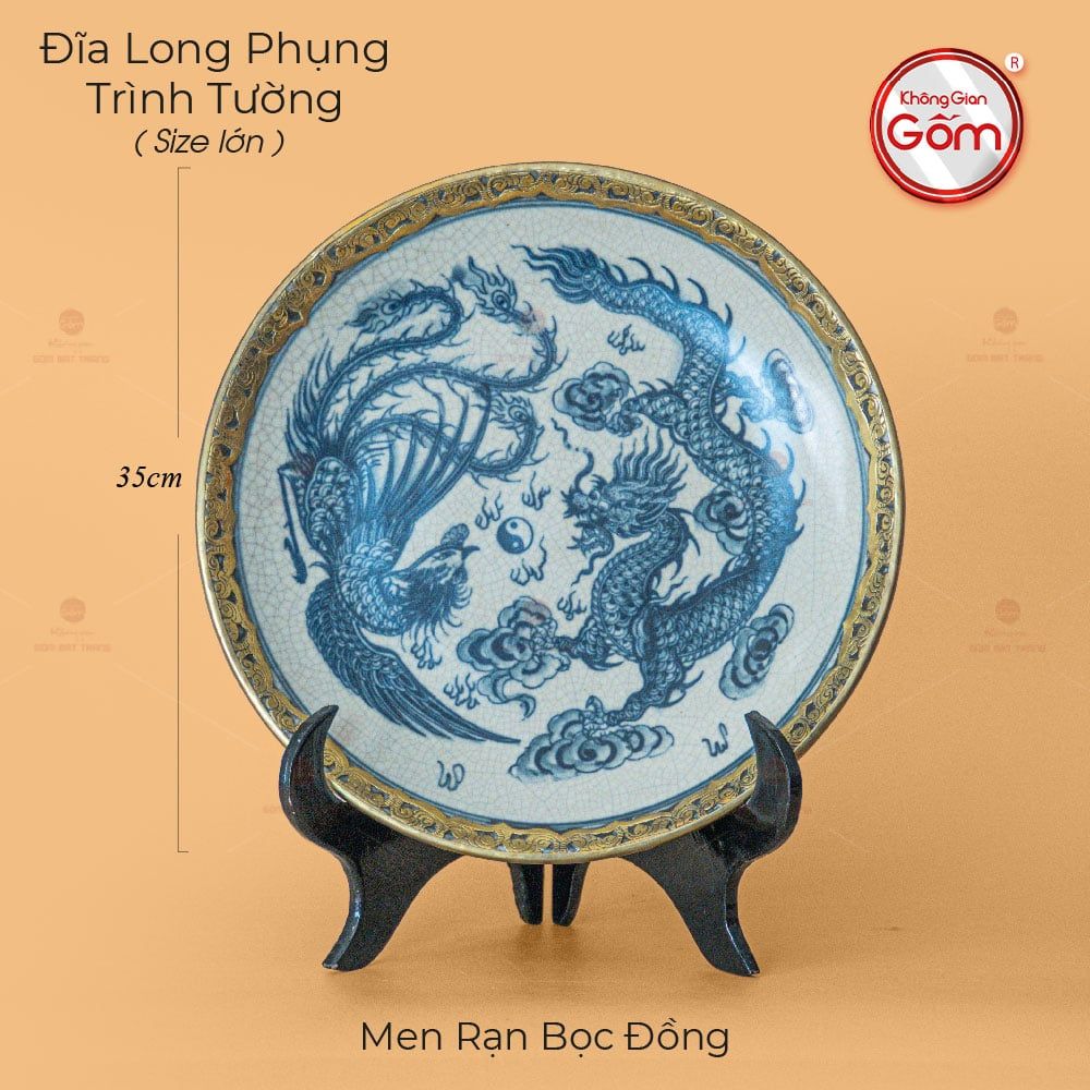 Đĩa Long Phụng Trình Tường Men Rạn Bọc Đồng