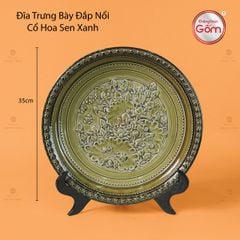 Đĩa Trưng Bày Đắp Nổi Cổ Hoa Sen Xanh