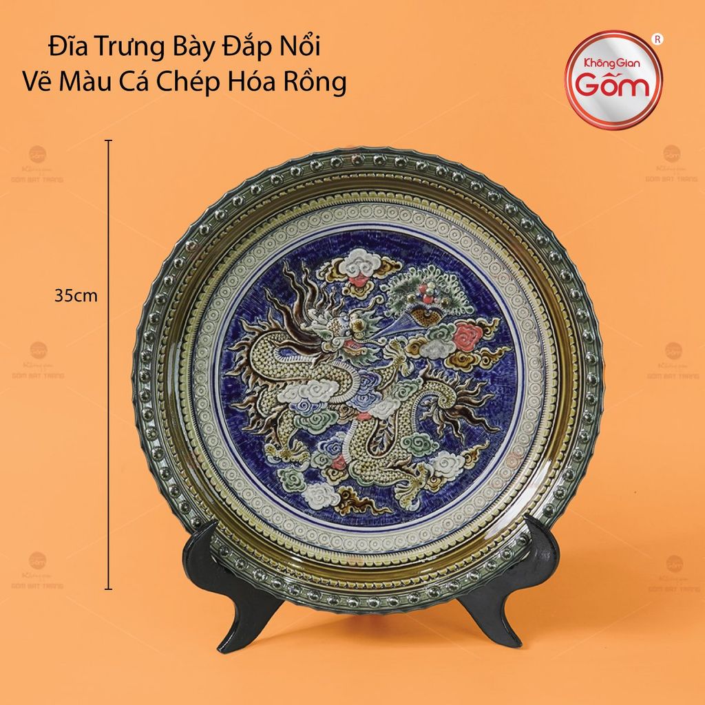 Đĩa Trưng Bày Đắp Nổi Vẽ Màu Cá Chép Hóa Rồng