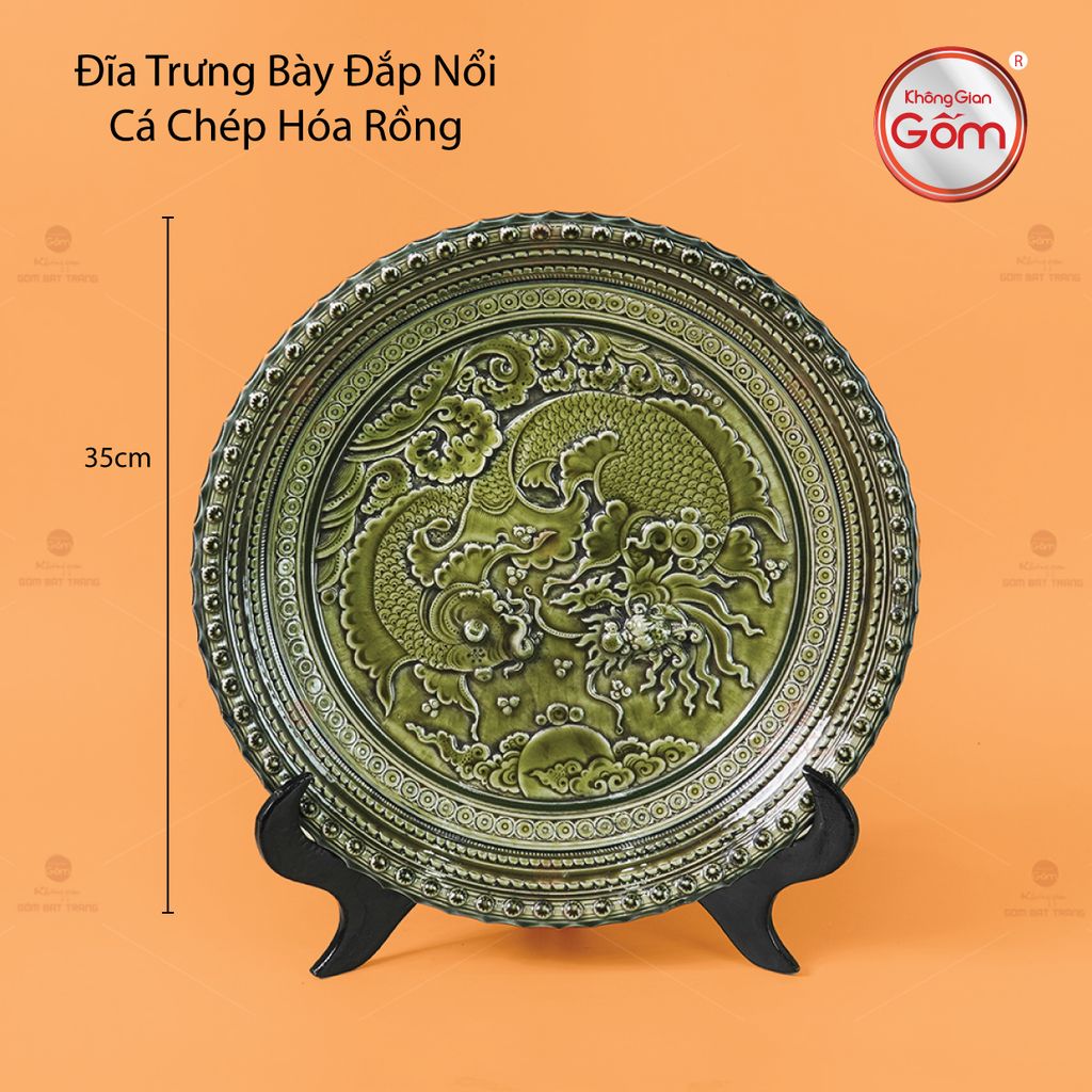 Đĩa Trưng Bày Đắp Nổi Cá Chép Hóa Rồng