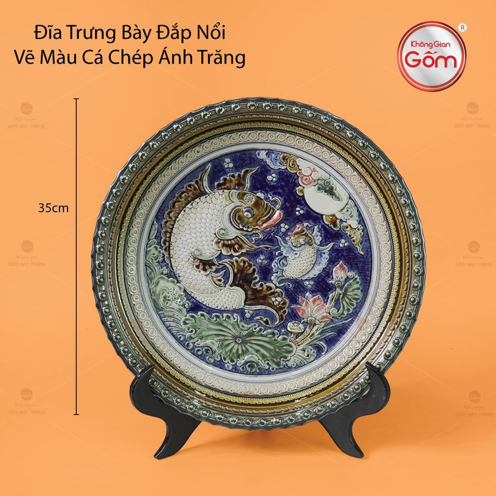 Đĩa Trưng Bày Đắp Nổi Vẽ Màu Cá Chép Ánh Trăng