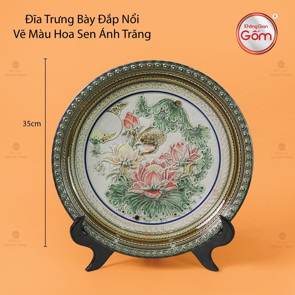 Đĩa Trưng Bày Đắp Nổi Vẽ Màu Hoa Sen Ánh Trăng