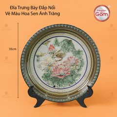 Đĩa Trưng Bày Đắp Nổi Vẽ Màu Hoa Sen Ánh Trăng